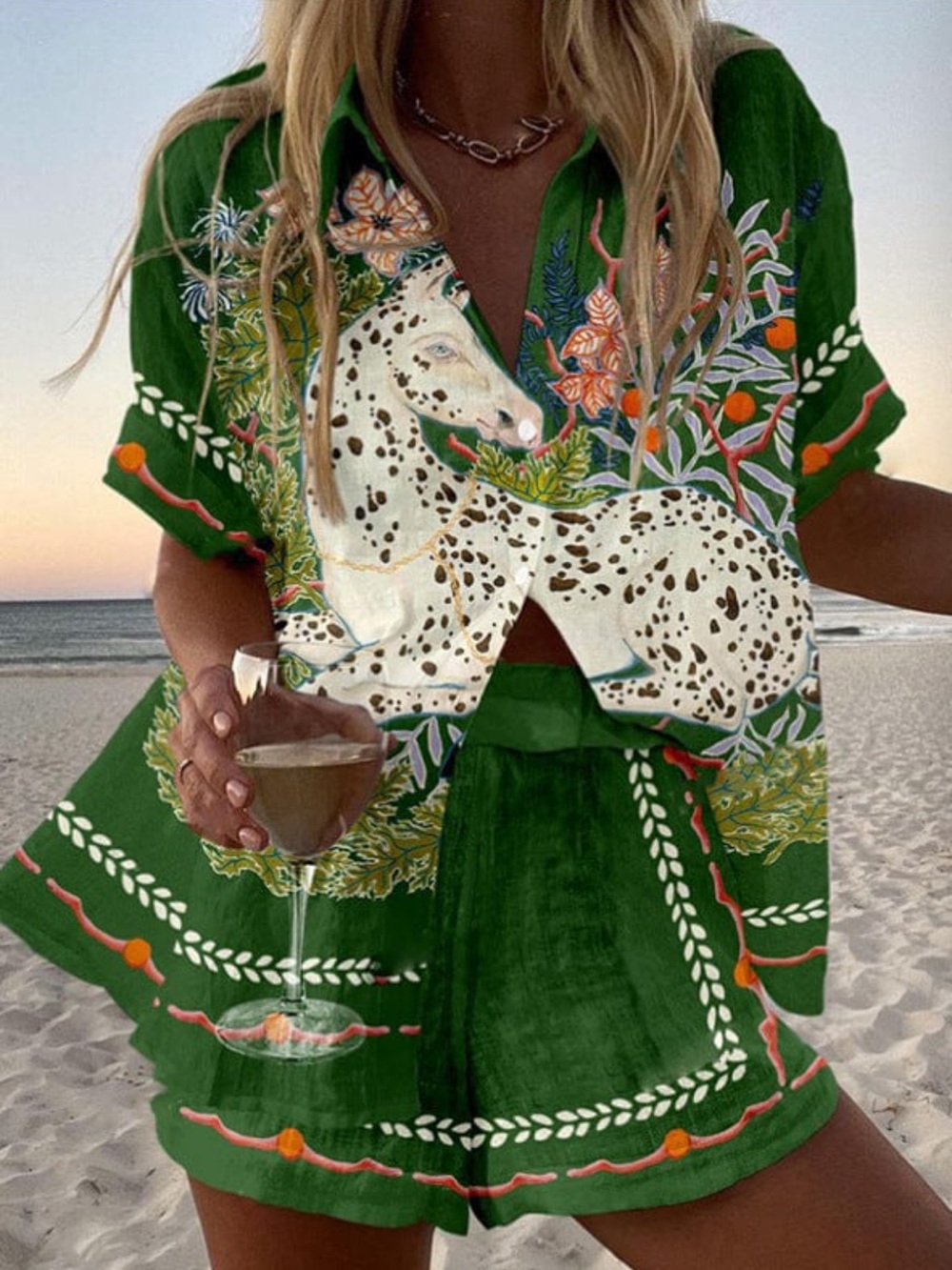 Linen Green Horse Print Set